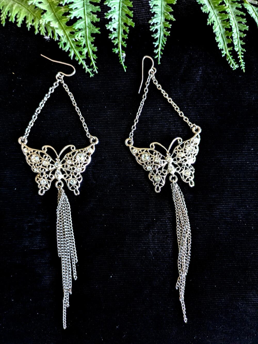 1980s Silver Tone Rhinestone Butterfly Dangle Statement Earrings 6" Drop